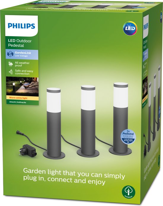 Philips LED Utrecht sokkellamp basisset voor buiten - laagspanning - antraciet - warmwit licht - 24 W - 3-pack - Philips