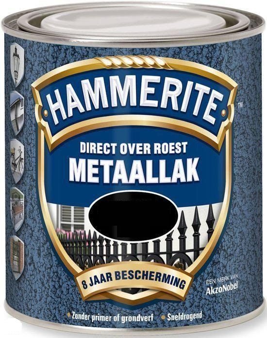 Hammerite metaallak, hamerslag zwart, 250ml. Blik met turquoise, gebarsten patroon.
