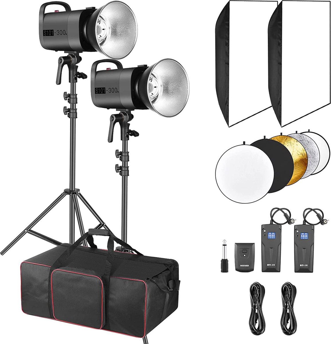 Neewer® - 600W - Fotostudio -Zaklamp Verlichtingsset - (2) S101 - 300W - 5600K - Monolight met Bowens Holder - Softbox - RT-16 Zender - Lamp Standaard - Reflector en Tas voor Studio - Shots Fotografie - Softboxen