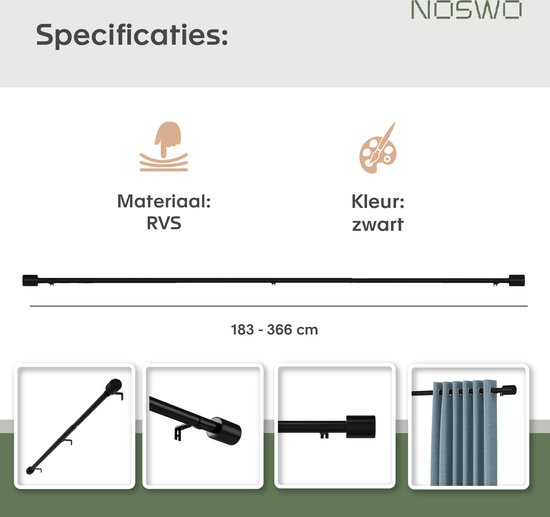Tringle à rideaux Noswo - Extensible - 183 à 366 cm - Tringle à rideaux - Tringles à rideaux Complète - Métal - Zwart