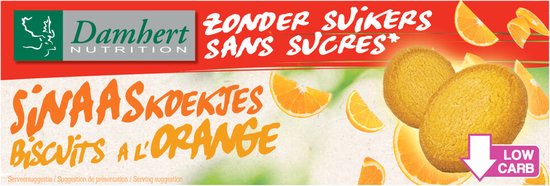 Twee oranje, ronde koekjes met sinaasappelschijfjes en de tekst "ZONDER SUIKERS".