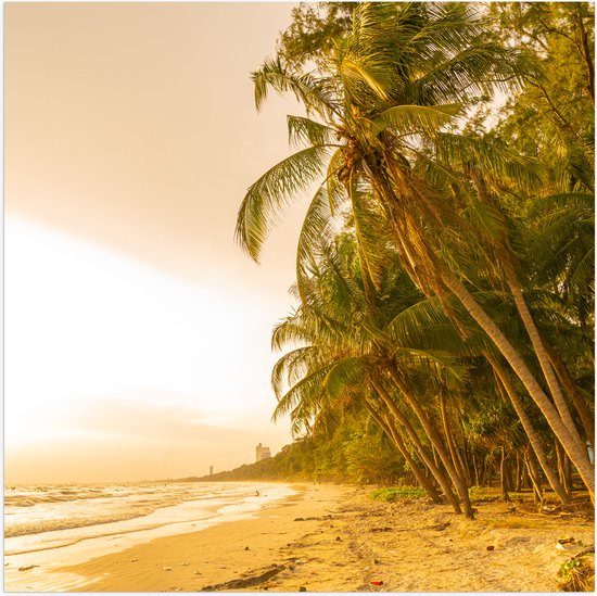 Poster (Mat) - Kokosnoot Palmbomen aan het Strand tijdens Felle Zonsopkomst - 100x100 cm Foto op Posterpapier met een Matte look