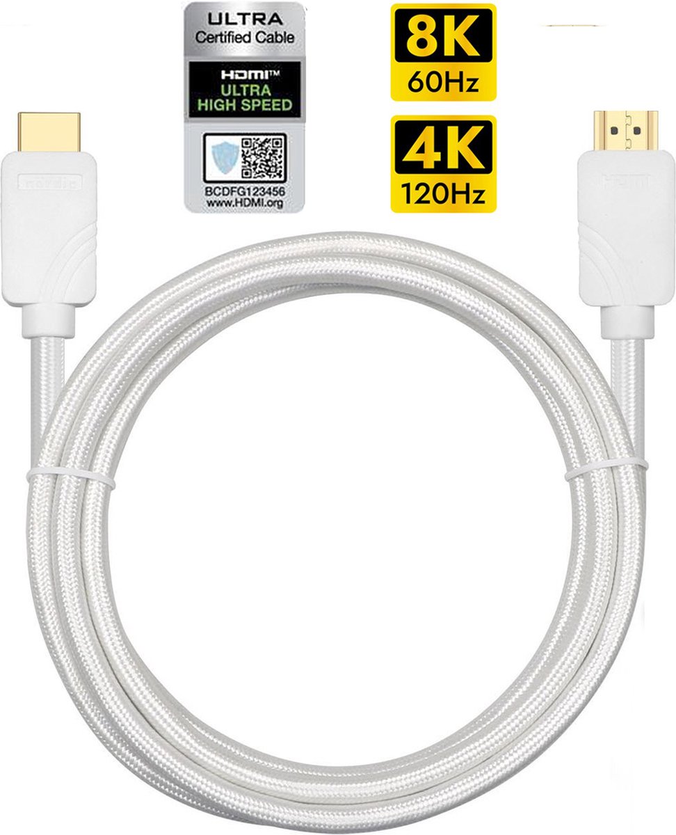 NÖRDIC HDMI-N1011A – Ultra High Speed HDMI 2.1 kabel - Gecertificeerd - 8K60Hz - 48Gbps - Dynamische HDR eARC - 1m - Wit