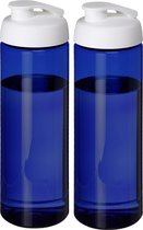 Sport bidon Hi-eco gerecycled kunststof - 2x - drinkfles/waterfles - blauw/wit - 850 ml