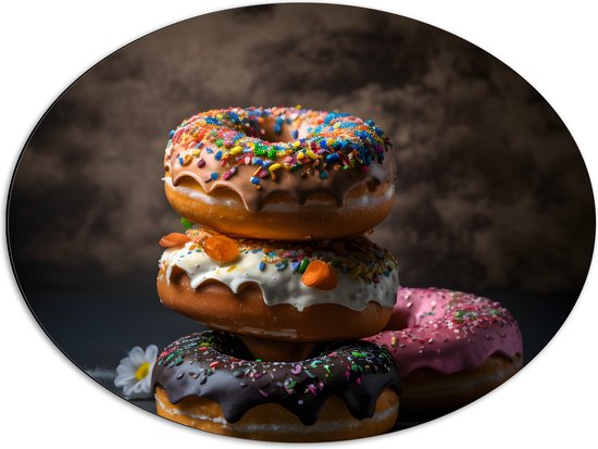 Dibond Ovaal - Opgestapelde Donuts in Verschillende Smaken - 68x51 cm Foto op Ovaal (Met Ophangsysteem)