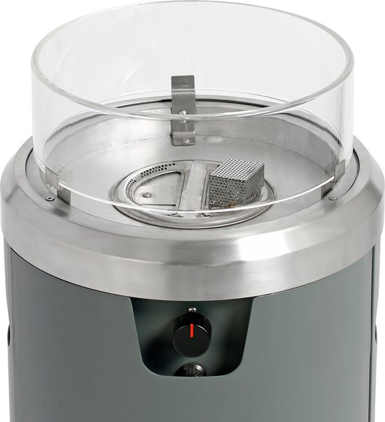 Bovenkant van grijze terrasverwarmer met glazen windscherm en brander.