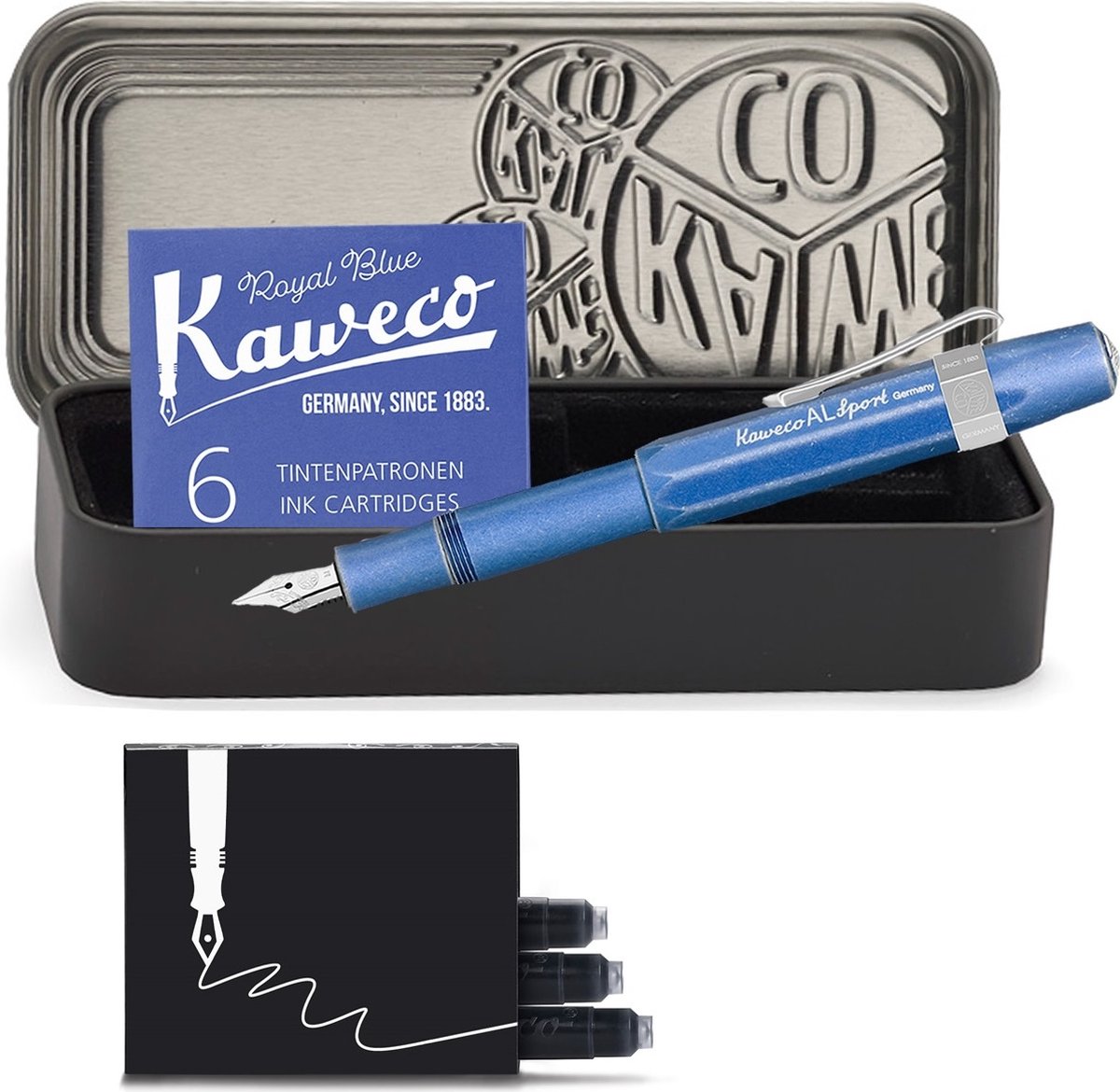 Kaweco - Cadeauset - 5delig - Kaweco AL Sport Stone Washed Blue Vulpen Extra Fine - Nostalgic Octagonal Clip Chrome - Zwart Vintage blikje - Doosje Royal Blue - Doosje zwarte Vullingen