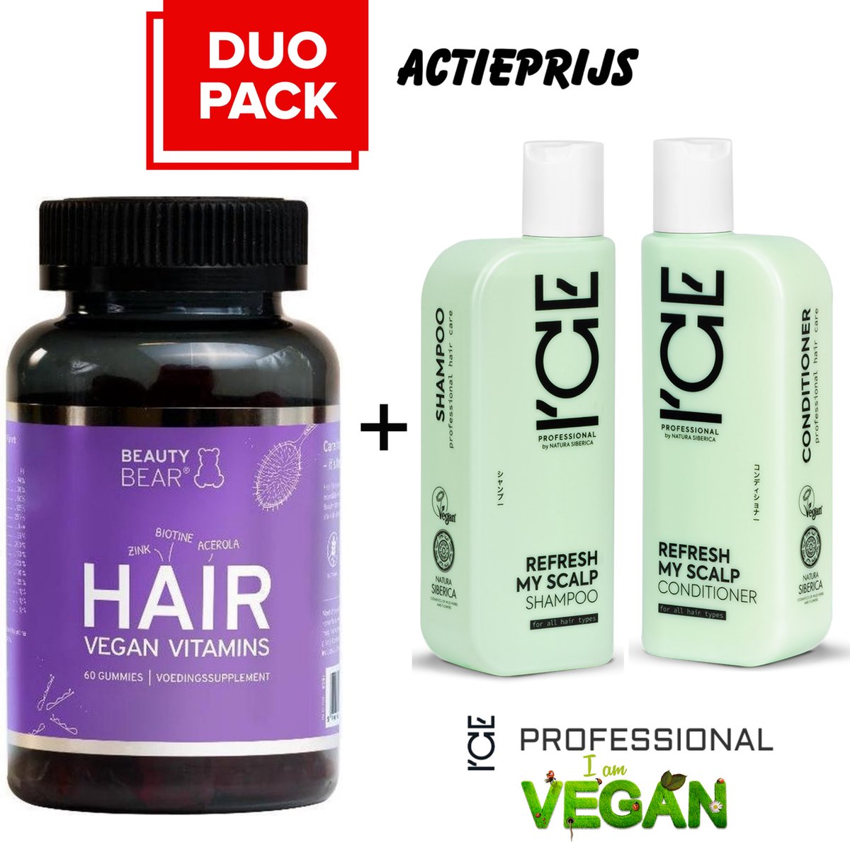 BEAUTY BEAR Hair Vitamines, 60 Gummies + 2 x 250ml ICE Vegan Refresh Shampoo / Conditioner