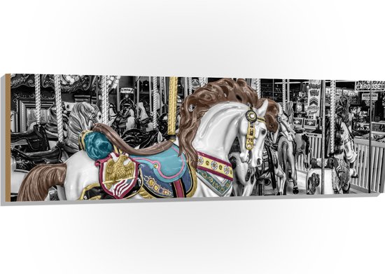 Hout - Sierlijk Paard in Carrousel - 150x50 cm - 9 mm dik - Foto op Hout (Met Ophangsysteem)