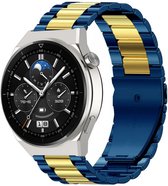 Strap-it Stalen schakel bandje - geschikt voor Huawei Watch GT / GT 2 / GT 3 / GT 3 Pro / GT 4 46mm / GT 2 Pro / GT Runner / Watch 3 (Pro) / Watch 4 (Pro) / Watch Ultimate - blauw/goud
