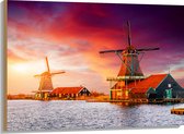 Hout - Nederlandse Windmolens aan het Water onder Paars met Oranje Lucht - 100x75 cm - 9 mm dik - Foto op Hout (Met Ophangsysteem)