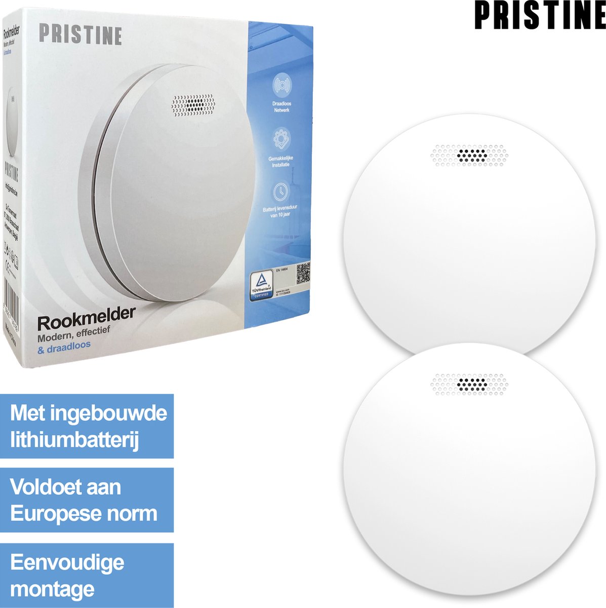 PRISTINE - 2 PACK - Slimme Rookmelders met 10 Jaar Batterij en Magneet Montage - Rookmelder Koppelbaar - WiFi - 10 jaar batterij - Voldoet aan Europese norm EN14604
