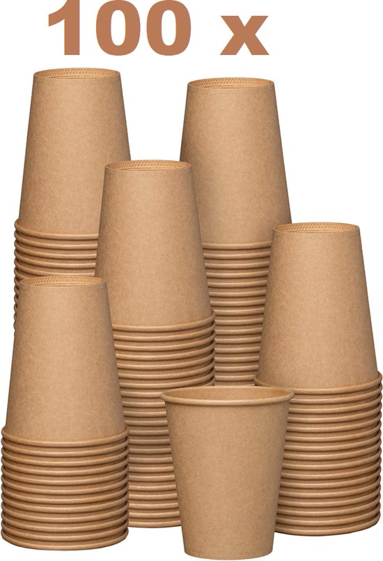 Kartonnen Koffiebeker to go 8oz 240ml bruin+ zwarte deksels- 100 Stuks - wegwerp papieren bekers - drinkbekers karton - Merkloos