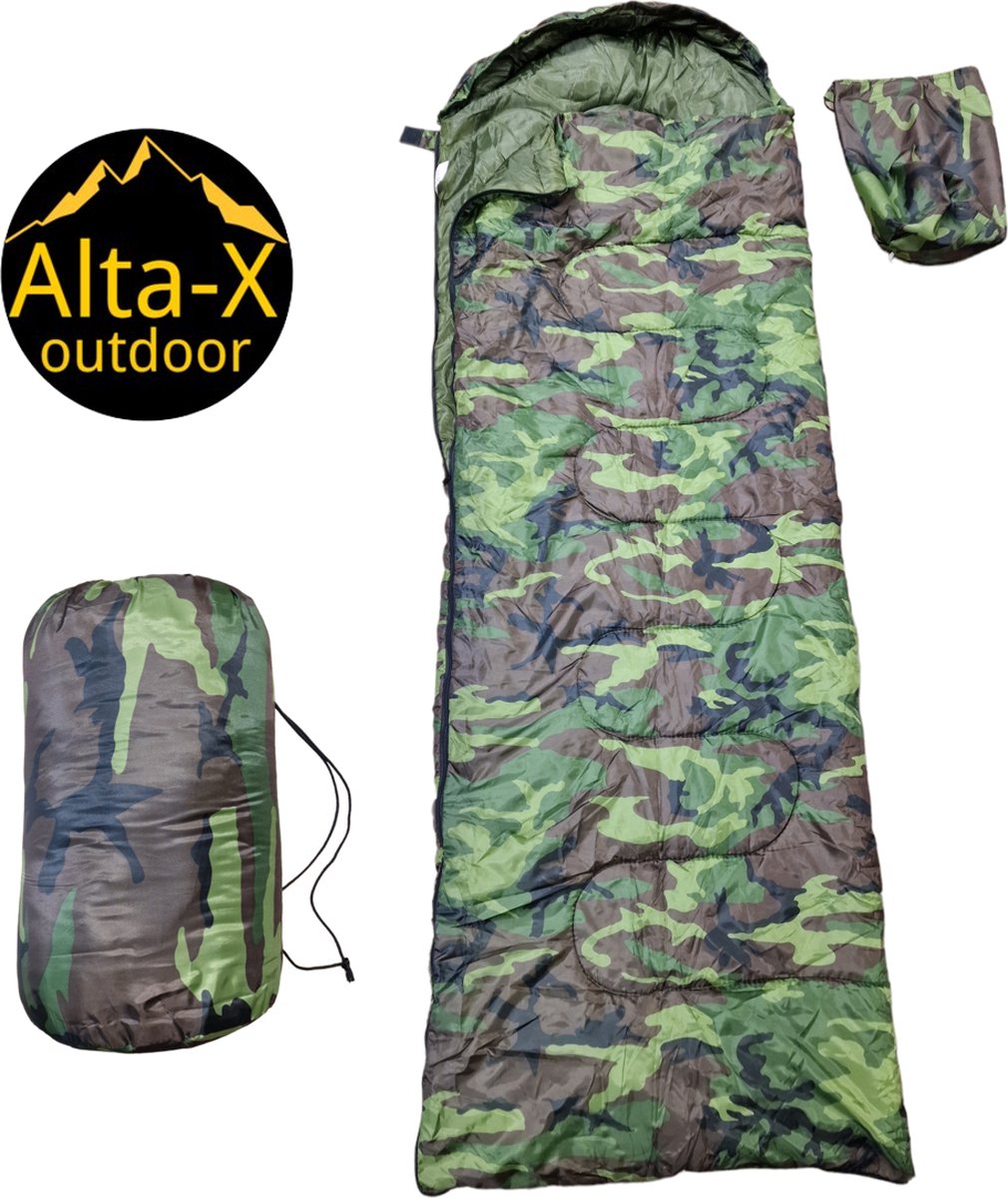 Alta-X Leger slaapzak in Camo kleur. Materiaal: 100% polyester. De leger slaapzak is waterafstotend