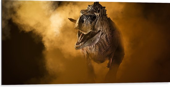 Dibond - Angstaanjagend T-rex Dinosaurs vanuit Oranje Mist - 100x50 cm Foto op Aluminium (Wanddecoratie van metaal)