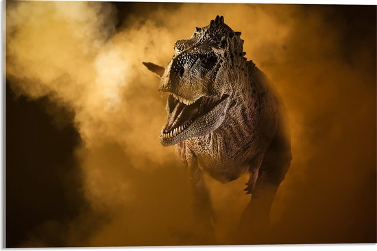 Acrylglas - Angstaanjagend T-rex Dinosaurs vanuit Oranje Mist - 60x40 cm Foto op Acrylglas (Met Ophangsysteem)