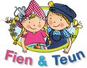 Illustratie van twee lachende kinderen, Fien en Teun, met een muis, bijen en vlinder. Tekst: Fien & Teun.