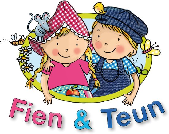 Illustratie van twee lachende kinderen, Fien en Teun, met een muis, bijen en vlinder. Tekst: Fien & Teun.