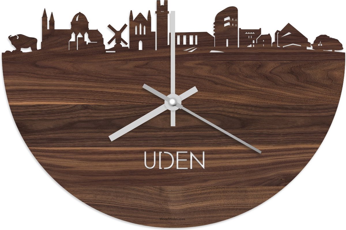 Skyline Klok Uden Notenhout - Ø 40 cm - Stil uurwerk - Wanddecoratie - Meer steden beschikbaar - Woonkamer idee - Woondecoratie - City Art - Steden kunst - Cadeau voor hem - Cadeau voor haar - Jubileum - Trouwerij - Housewarming - WoodWideCities