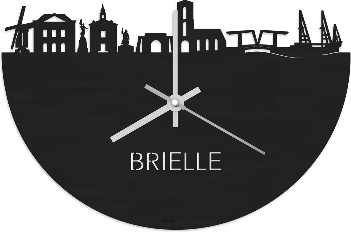 Skyline Klok Brielle Zwart hout - Ø 40 cm - Stil uurwerk - Wanddecoratie - Meer steden beschikbaar - Woonkamer idee - Woondecoratie - City Art - Steden kunst - Cadeau voor hem - Cadeau voor haar - Jubileum - Trouwerij - Housewarming - WoodWideCities