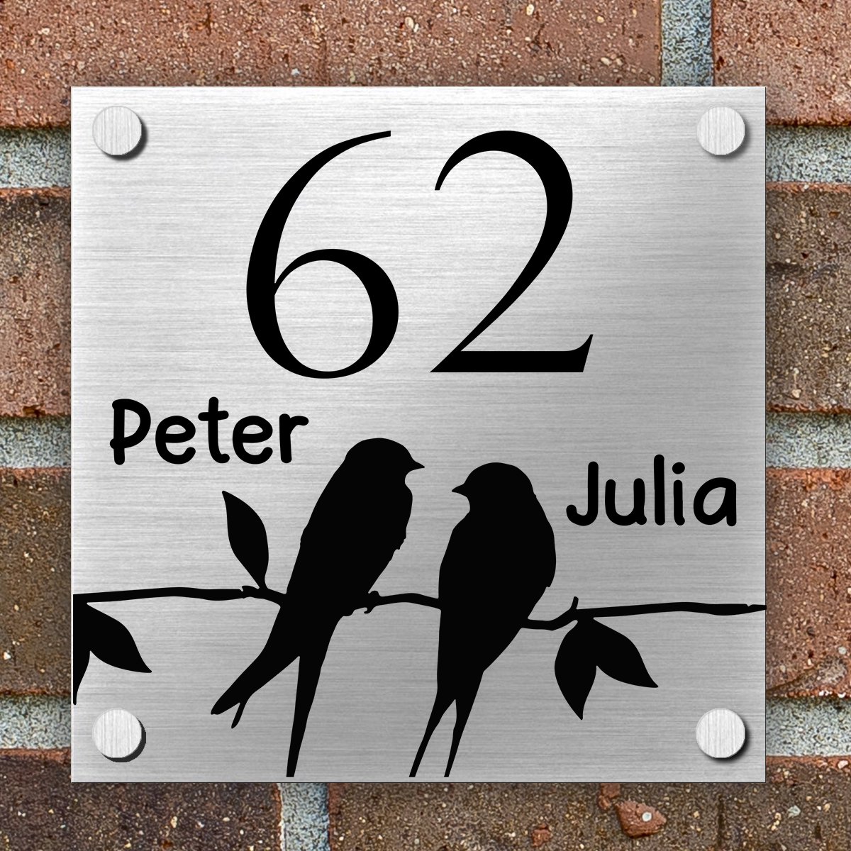 Naambordje voordeur Huis - Bord - Naam en Huisnummer - 15 x 15 cm - Brushed Aluminium - Vogels