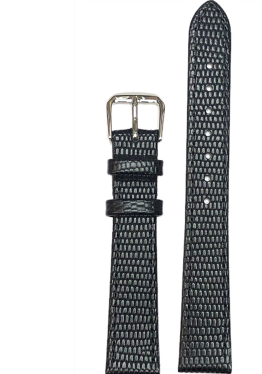 Horlogeband-horlogebandje-20mm-zwart -lizard print-echt leer-plat- stalen gesp-leer-20 mm