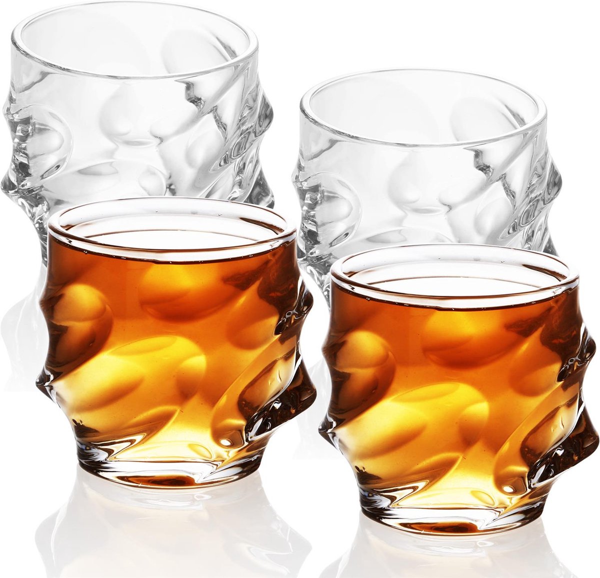 Intirilife 4x whiskyglas in CRYSTAL CLEAR 'SCULPTURED' - Old Fashioned Whiskey Crystal Glass Loodvrij in Sculpture Design vaatwasserbestendig perfect voor scotch, bourbon, whisky en nog veel meer.
