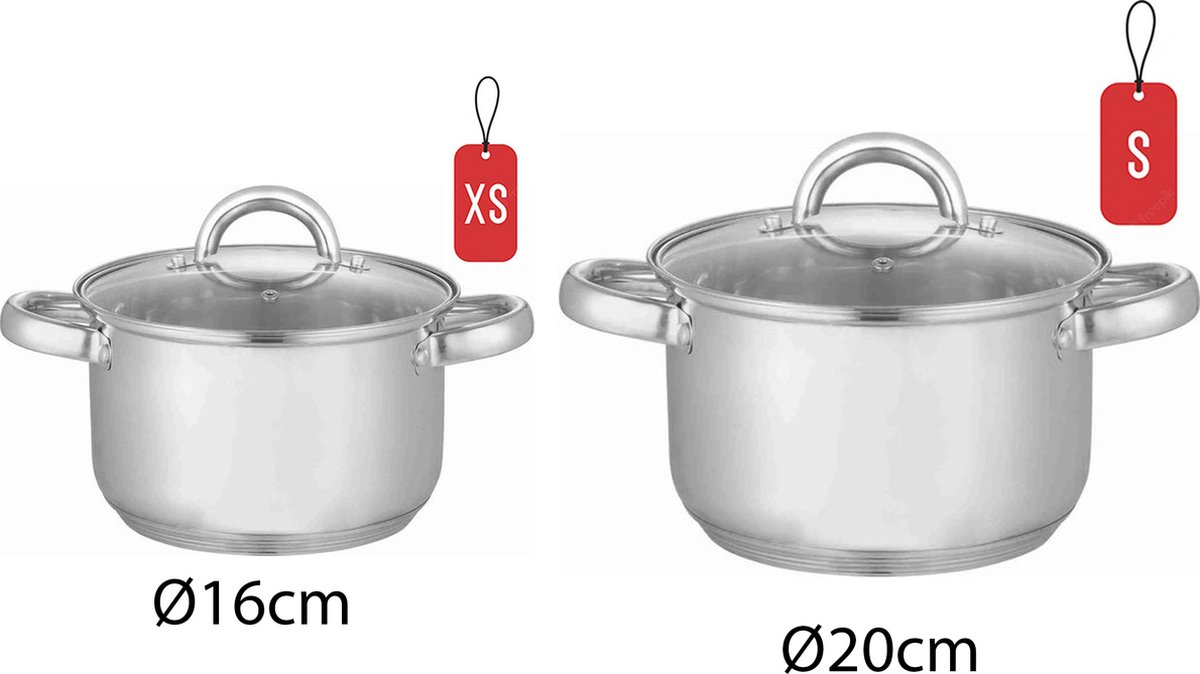 Set van 2 Kleine Kookpannen met Deksel - 16cm & 20cm - RVS - Inductie
