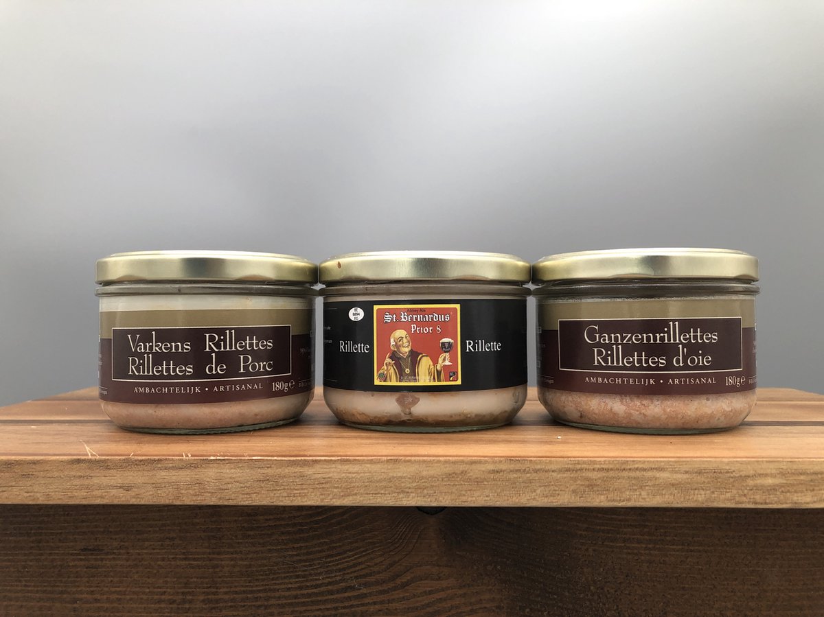 Artisanale Rillettes - De Veurn' Ambachtse - set van 3 x 180g - Varkensrillettes - Ganzenrillettes - St Bernardusrillettes