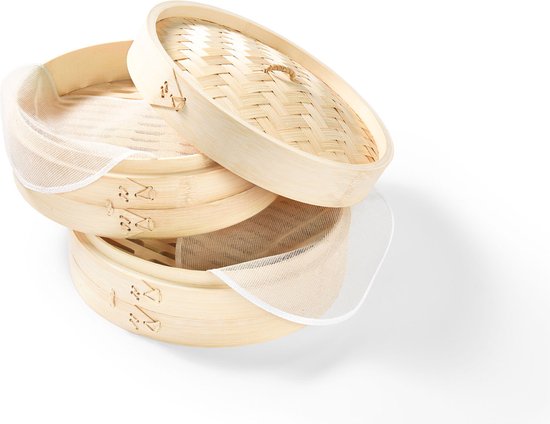 Bamboe Steamer Mand 3 Tier met Deksel, Hemming Design Bamboe Individueel Doos Chinese Organische Houten Steamer met Deksel voor Dumpling Dim Sum Koken, 18cm