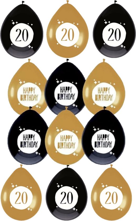 Haza - Feestartikelen verjaardag 20 jaar 36x mix ballonnen zwart/goud