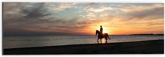 Dibond - Paardrijden op het Strand met Zonsondergang - 60x20 cm Foto op Aluminium (Wanddecoratie van metaal)