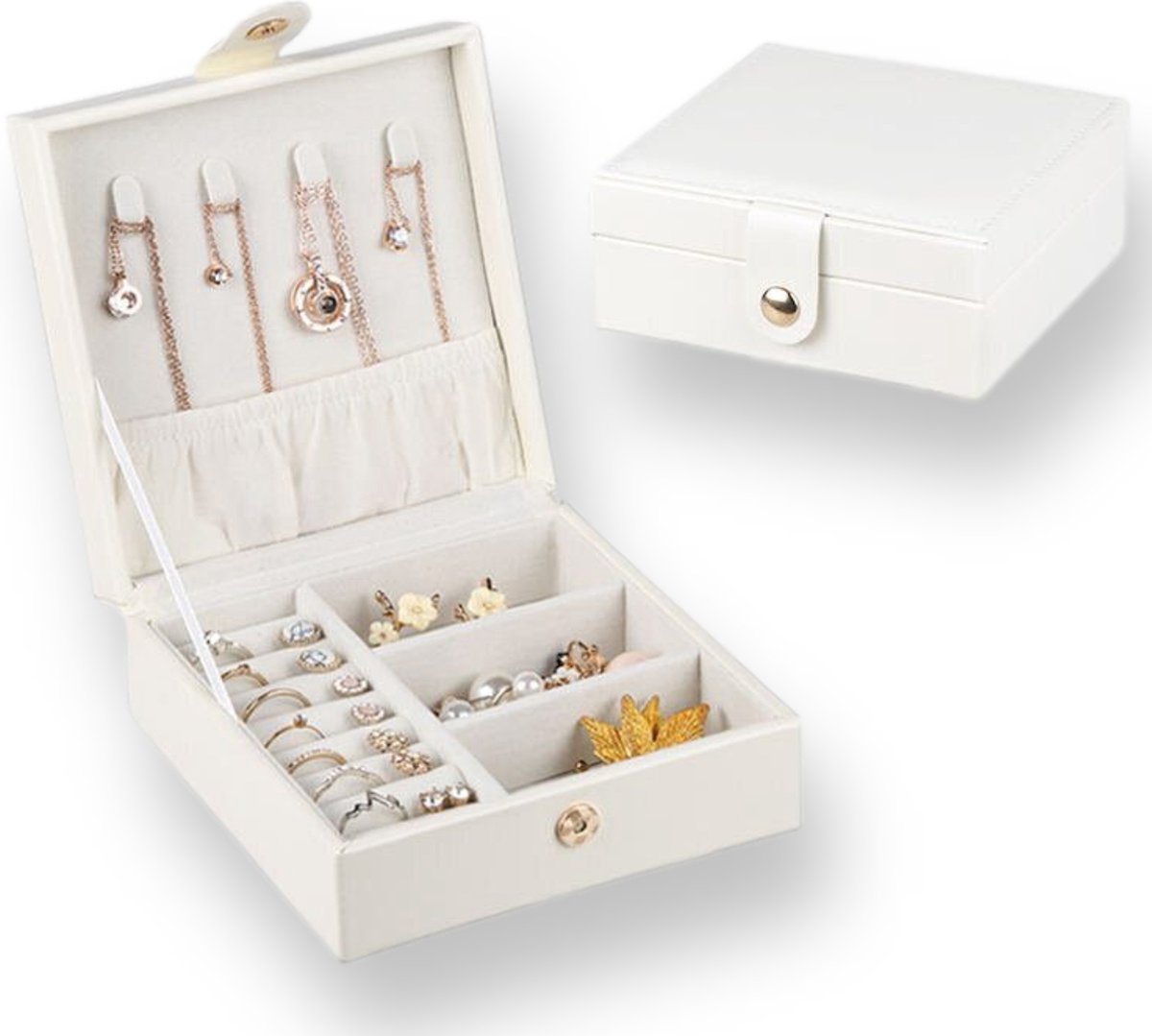 Beautious® Luxe Sieradendoos - Juwelendoos - Sieradenhouder - Organizer - PU Leer - Knoopsluiting - Dames/Meisjes - Creme Wit