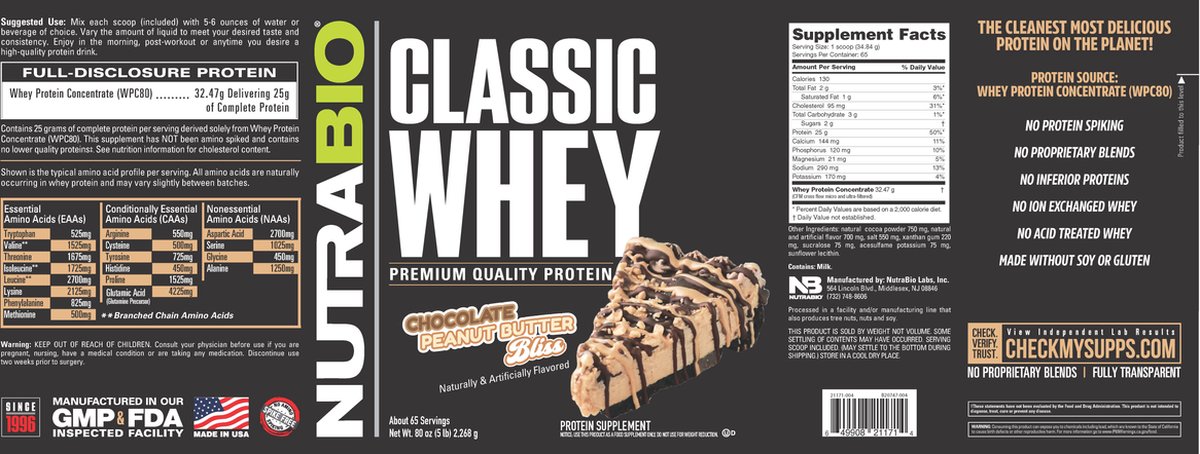NutraBio Classic Whey Protein - Chocolate Peanut Butter Bliss - 2300 g
