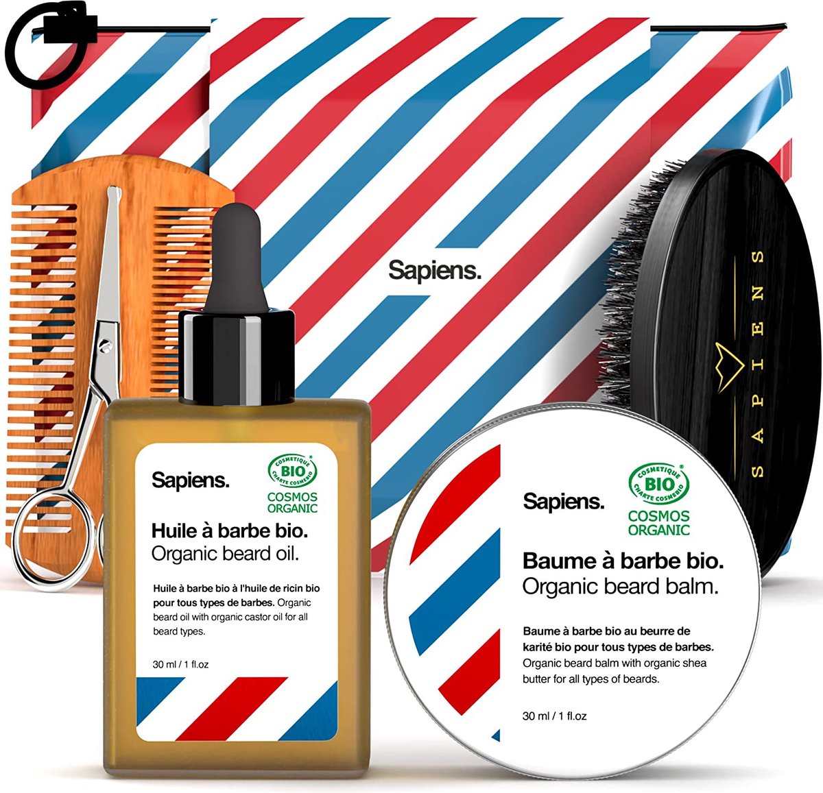 BORZMARKT - Sapiens Barbershop Mannen Baard Verzorgings Kit - Made in France - 100% Natuurlijke Biologische Baard Olie en Baard Balsem, Cosmos Organic/ECOCERT gecertificeerd - Baard kam en borstel, schaar, etui