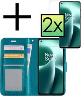 Hoes Geschikt voor OnePlus Nord 2T Hoesje Book Case Hoes Flip Cover Wallet Bookcase Met 2x Screenprotector - Turquoise