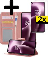 Hoesje Geschikt voor OnePlus Nord 2T Hoesje Book Case Hoes Wallet Cover Met 2x Screenprotector - Hoes Geschikt voor OnePlus Nord 2T Hoesje Bookcase Hoes - Rosé goud