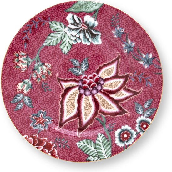 Pip studio Flower Festival - gebaksbord - dark pink - donker roze - bord - bloemen - porselein - ⌀ 17cm