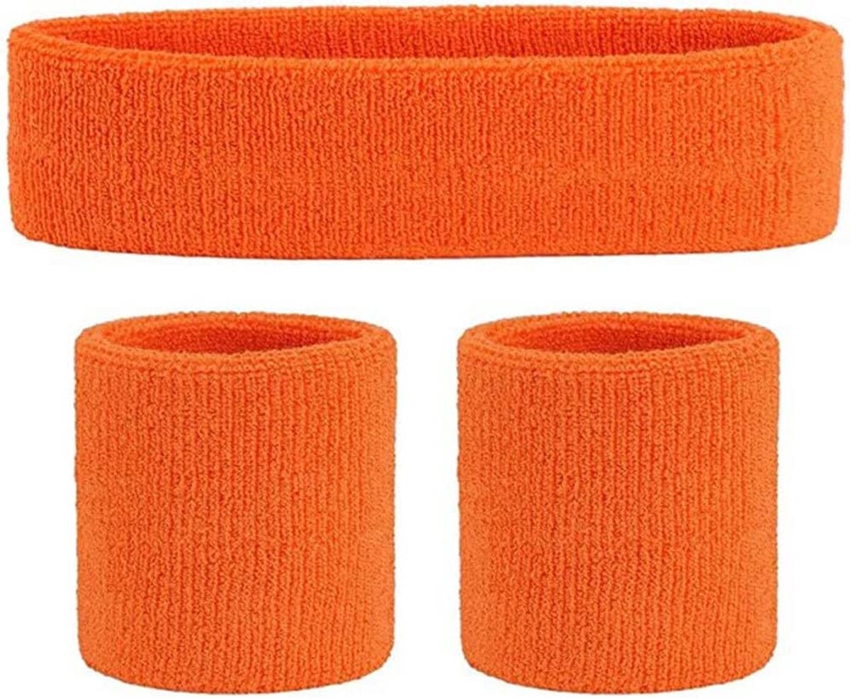 *** Fever Zweetbanden Set Oranje - 3 Suks - Hoofdband Polsband - Sporten Zweten - 90`s Party - van Heble® ***
