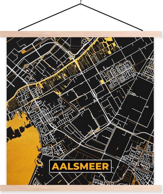 Posterhanger incl. Poster 40x40 cm - Schoolplaat - Aalsmeer - Black and Gold - Stadskaart - Plattegrond - Kaart - Textielposter - Blanke latten - Plattegrond