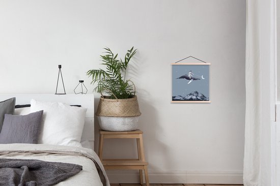 Posterhanger incl. Poster 40x40 cm - Schoolplaat - Ruimte - Jongen - Maan - Walvis - Textielposter - Blanke latten