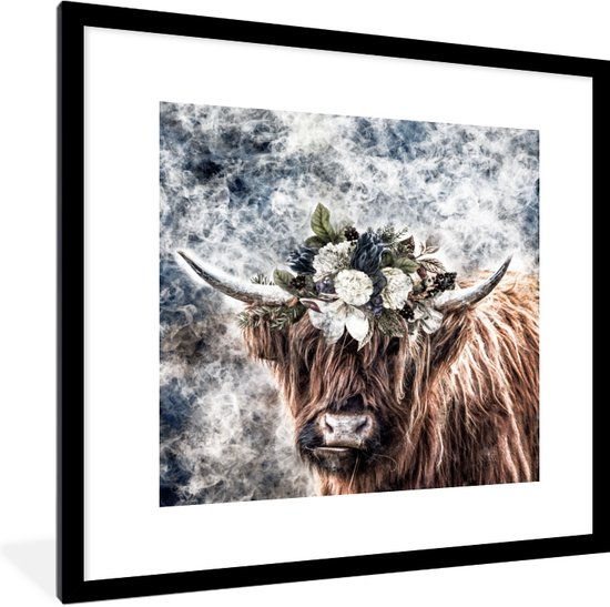 Fotolijst incl. Poster - Schotse hooglander - Dieren - Bloemen - 40x40 cm - Posterlijst