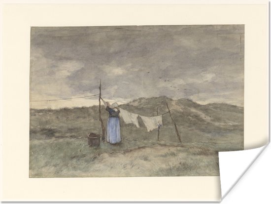 Poster Vrouw bij een waslijn in de duinen - Schilderij van Anton Mauve - 120x90 cm