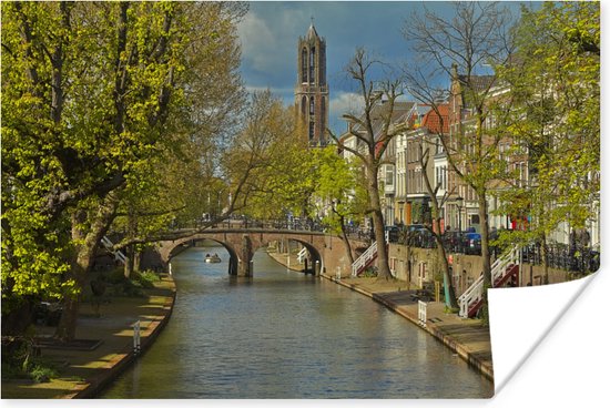 Kleurrijke omgeving langs de grachten in het Nederlandse Utrecht Poster 180x120 cm - Foto print op Poster (wanddecoratie woonkamer / slaapkamer) / Europese steden Poster XXL / Groot formaat!