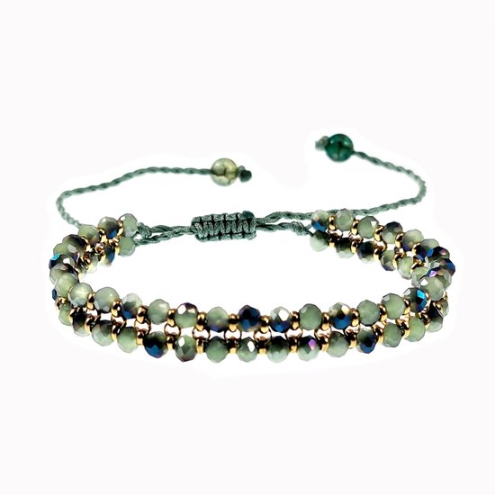 Bracelet Double Femme - Perles de Cristal Vertes à Facettes - Acier Inoxydable Plaqué Or - Bracelet Cordon Ajustable