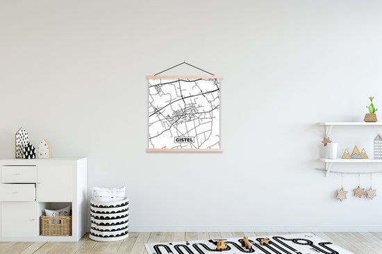 Porte-affiche avec affiche - Affiche scolaire - Carte - Gistel - Zwart et Wit - Plan de la ville - Carte - België - 60x60 cm - Lattes vierges