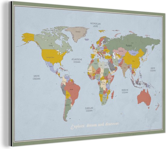 Décoration murale Métal - Peinture Aluminium - Wereldkaart - Couleurs - Citation - 30x20 cm