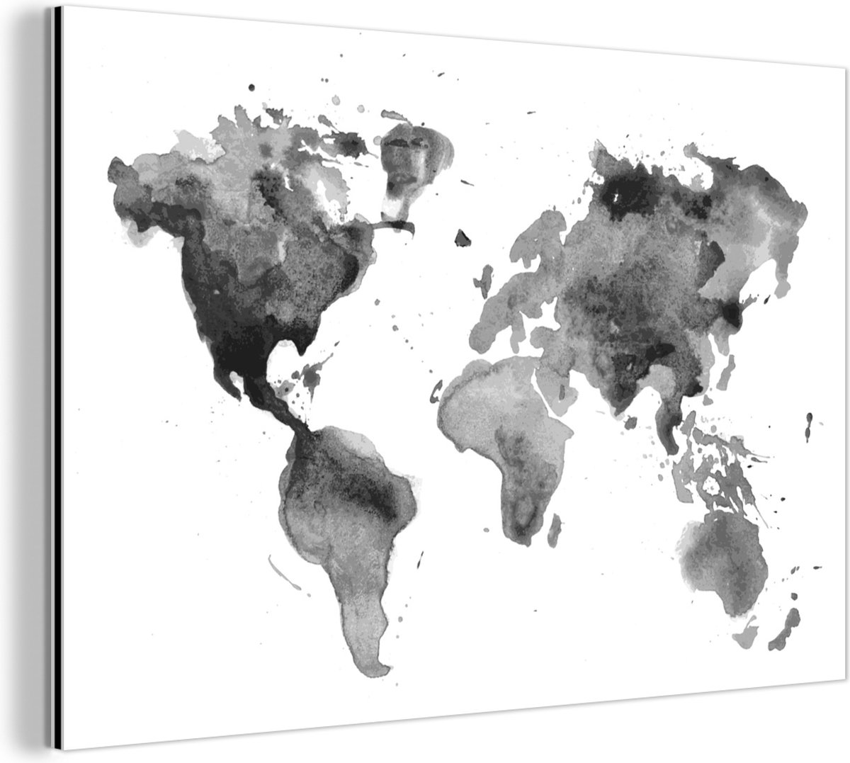 Wanddecoratie Metaal - Aluminium Schilderij Industrieel - Wereldkaart - Waterverf - Zwart - Wit - Kinderen - Jongens - Meisjes - 150x100 cm - Dibond - Foto op aluminium - Industriële muurdecoratie - Voor de woonkamer/slaapkamer