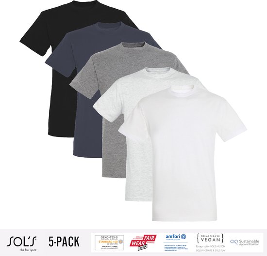 Lot de 5 T-Shirt Homme Sol's 100% Coton Bio Col Rond Zwart, Grijs Foncé , Grijs / Gris Clair Chiné, Blanc Taille XXL