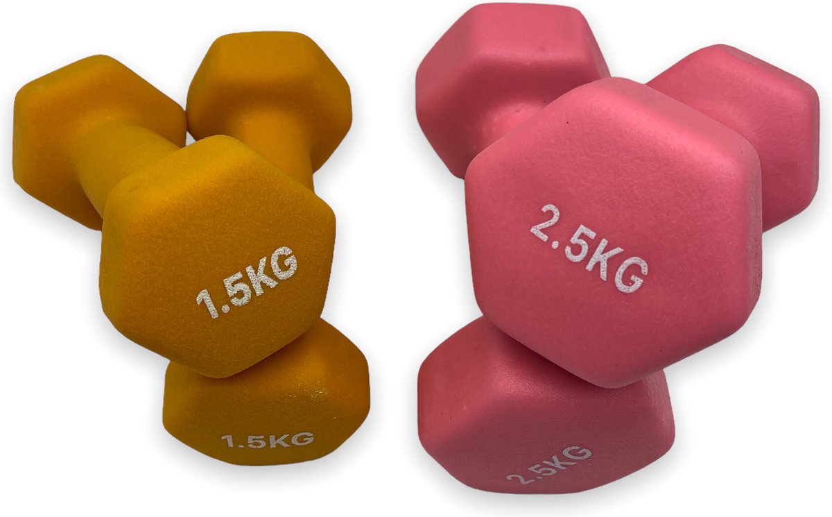 dumbells - Neopreen set 1,5 en 2,5 - oranje en roze - dumbellset - fitness gewicht - halterset